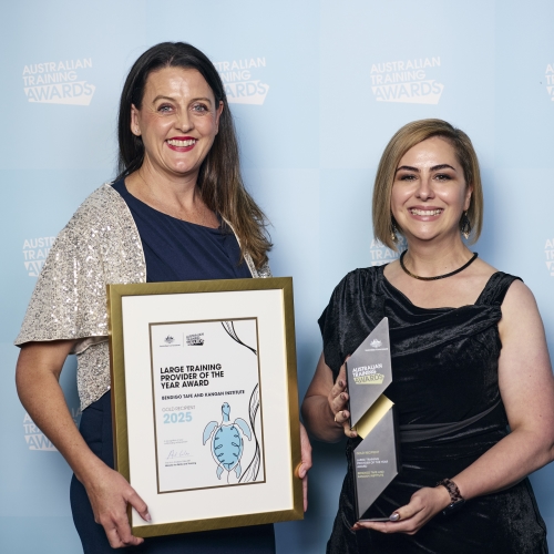 Bendigo Kangan Institute CEO Laura Macpherson and Chief Industry and Education Officer Janelle Arena at the 2025 Australian Training Awards